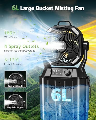 Portable Misting Fan with Remote, Camping Mister Fan for Outdoors Patios, Rechargeable Battery, 4 Spray Outlets, 3 Lights Modes, Stepless Speed and Timer for Fishing/Golf/Garden/Party/Office