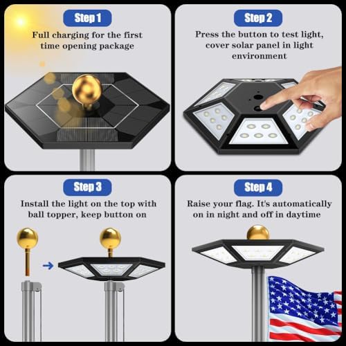 Flag Pole Light Solar Powered Top Mount, 2000Lumen IP67 Waterproof Solar Light for Flagpole, Light Up Flag Outdoor Dusk to Dawn for 18+ Hours with Twice Coverage Than Downward Lighting