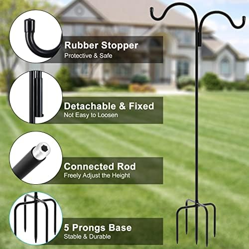 Gtongoko Double Shepherds Hook for Outdoor, 76 Inch Bird Feeder Pole with 5 Prongs Base, 5/8 Inch Thick Heavy Duty Adjustable Garden Hook for Hanging Plant, Lantern, Hummingbird Feeder, 1 Pack