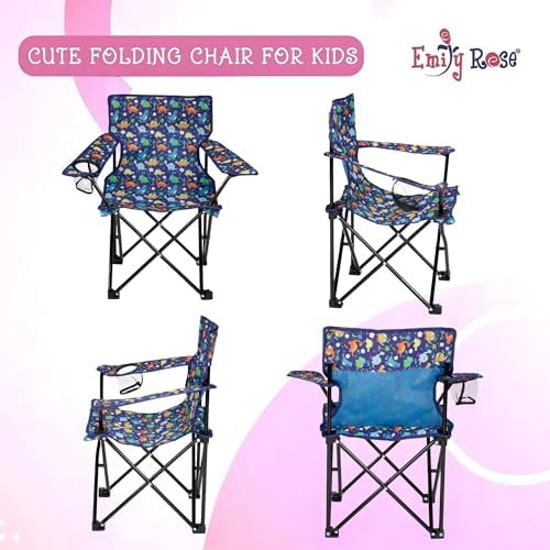 Emily Rose Kids Folding Beach Camping Chair Chair with Safety Lock, Cup Holder & Carry Case - Boys Girls Small Toddler Tailgate, Travel, Lawn Chair for Indoor & Outdoor (Playful Dinosaurs)
