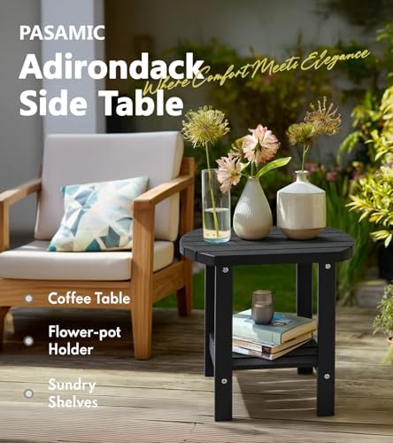 PASAMIC Outdoor Side Table, HDPE Adirondack Oval Side Table with 2-Tier Storage, Weather Resistant Outdoor End Table for Patio, Backyard, Pool, Indoor Companion, Beach, Easy Maintenance Table (Black)