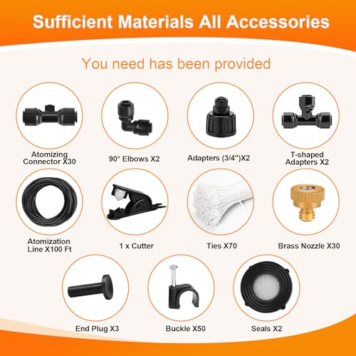 Misting Cooling System,100FT (30M) DIY Misting Line + 30 Brass Mist Nozzles +2 PE Antioxidant Adapters 3/4", Outdoor Mister for Patio Backyard Garden Greenhouse