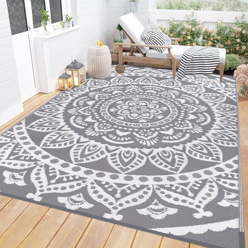 Bsmathom Waterproof Outdoor Rug 6'x9' Reversible Boho Plastic Straw Patio Deck Camping Rugs, Indoor Outdoor Portable RV Mat Clearance Carpet for Outside, Porch, Balcony, Backyard, Beach, Pool,Grey