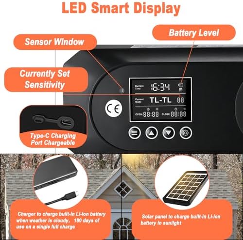 Automatic Chicken Coop Door, Solar Chicken Door with Timer, Waterproof LED Display, Light Sensor, 25M Remote Control, 4 Modes & Anti-Pinch, Large Electric Chicken Coop Door for Chicken Poultry