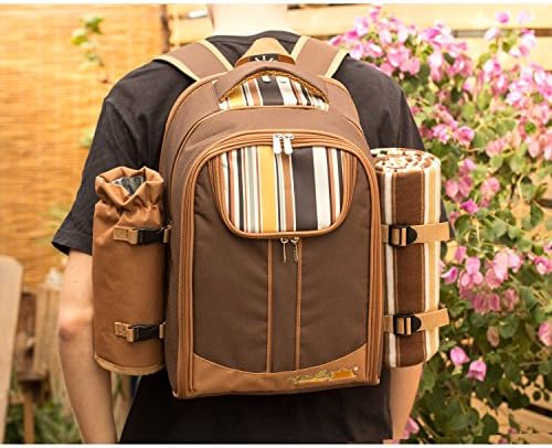 apollo walker Picnic Backpack Bag for 2 Person with Cooler Compartment, Detachable Bottle/Wine Holder, Fleece Blanket, Plates and Cutlery(2 Person, Brown)