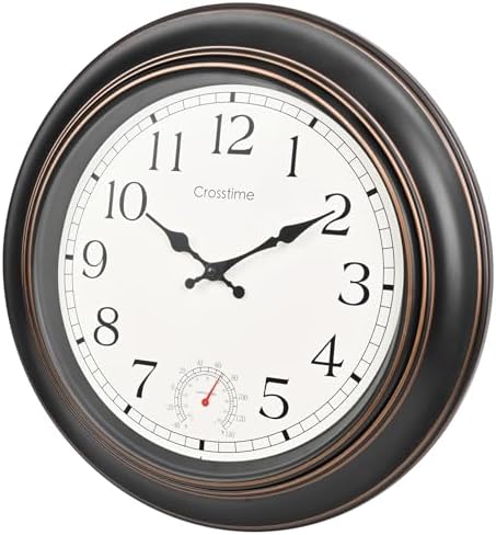 Large Outdoor Clock Waterproof 18" - Retro Indoor Outdoor Wall Clocks with Thermometer for Patio Pool Garden Living Room Decor,Bronze