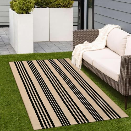 Black and Khaki Striped Rugs 3x5, Outdoor Cotton Hand Woven Front Door Mat,Washable Reversible Layered Door Mats, Foldable Front Porch Rug for Entryway/Home Entrance/Farmhouse