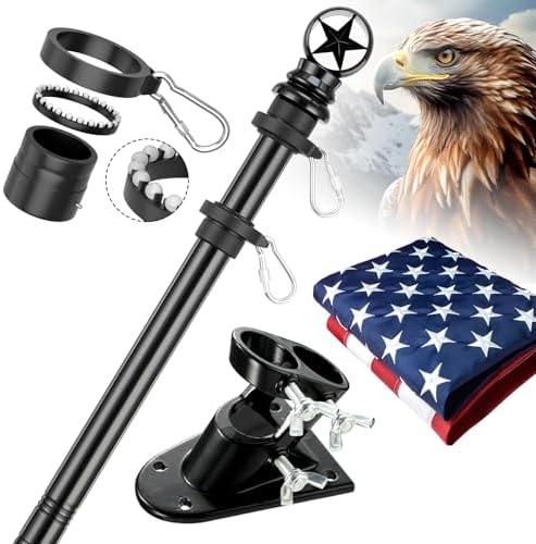 American Flag with Pole Kit - 5ft Heavy Duty Stainless Steel Flagpole for Outside House,3x5 Embroidered US Flags,Tangle-Free Outdoor, Metal Holder Mount Bracket for Residential Porch,Wall -Black
