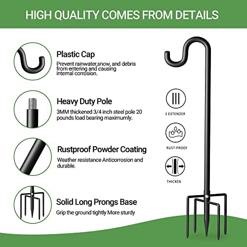 76" Shepherds Hooks for Outdoor, Extra Thick Bird Feeder Pole with 5 Prong Base, Adjustable Shepards Hook for Garden, Weddings, Hanging Plant