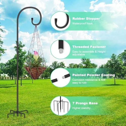 SZHLUX Adjustable Shepherds Hook for Outdoor 76 Inch Bird Feeder Pole with 7 Prongs Base, 5/8 Inch Thick Heavy Duty for Hanging Bird Feeder, Plant Basket