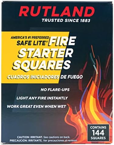 Rutland 50B Safe Lite Fire Starter Squares for Fireplaces, Grill Pits, Campfires, BBQ & Smokers - Longer Burn - 144 Squares