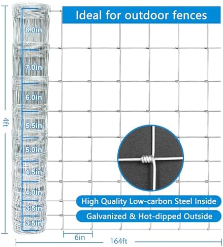Farm Fence 4ft x 164ft Heavy Zinc Coating Cattle Fence Galvanized Field Fencing Sheep Fence Goat Fence,Hog Wire Fencing for Yard Livestock Animals Protection