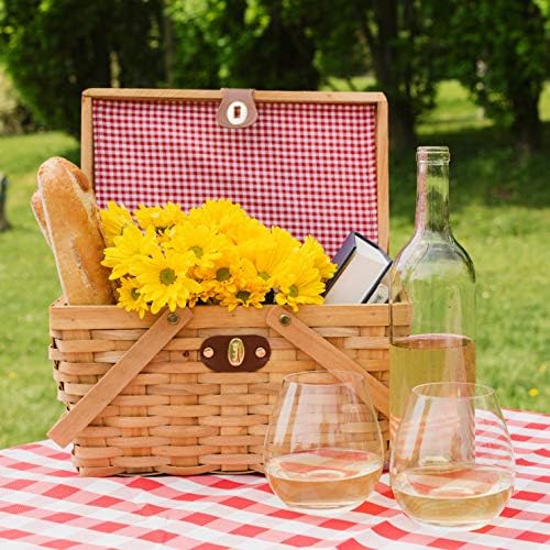 Vintiquewise.com Gingham Lined Woodchip Picnic Basket with Lid and Movable Handles