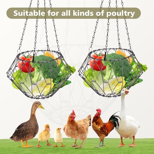 Hanging Chicken Feeder, Chicken Toys for Coop, Foldable Large Poultry Vegetable Fruits Feeder Basket with Hanging Chain, Chick Feeder for Chicken/Hens/Duck/Rabbit, M 2PCS