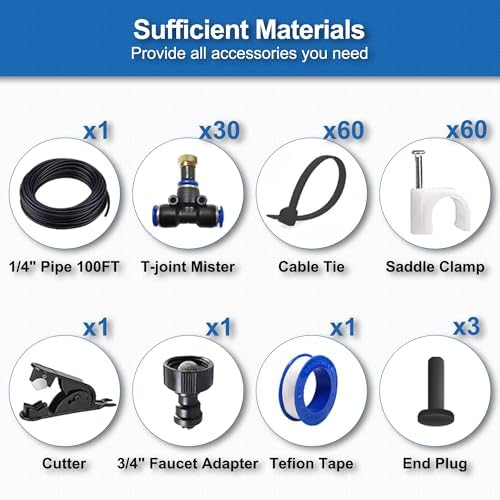 Misters for Outside Patio,Outdoor Water Misting Cooling System,100FT|30M.Backyard Mist Kit for Garden,Greenhouse,Fan,Deck,Umbrella,Canopy,Pool,Porch.Trampoline Sprinkler Park,BBQ Party Accessories