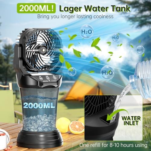 30000 mAh Portable Misting Fan with RGB Ambient Light, 2000 mL Water Tank Bucket Rechargeable Camping Mist Fan with 120° Auto Oscillating Perfect for Patios Fishing Travel Garden Party Golf Tent
