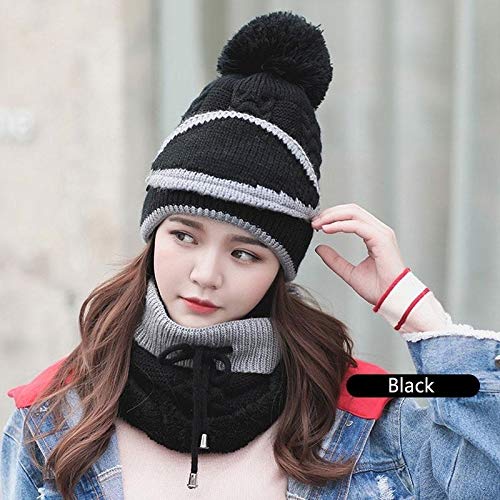 3pcs/Set Fashion Women Winter Knitted Hat Thickened Woolen Cap with Warm Mask and Neck Scarf (Black)