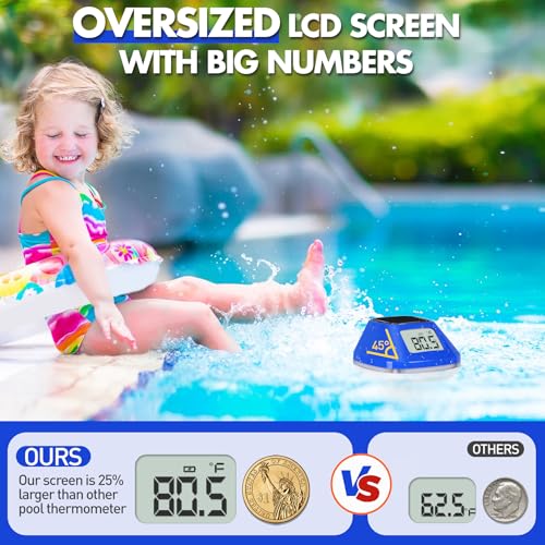 2025 Next-Gen Solar Pool Thermometer Floating Easy Read, Digital Pool Thermometer with Extra-Large Backlit LCD Screen & Rope, IP68 Waterproof Pools Water Temperature Gauge for Hot Tub, Spa