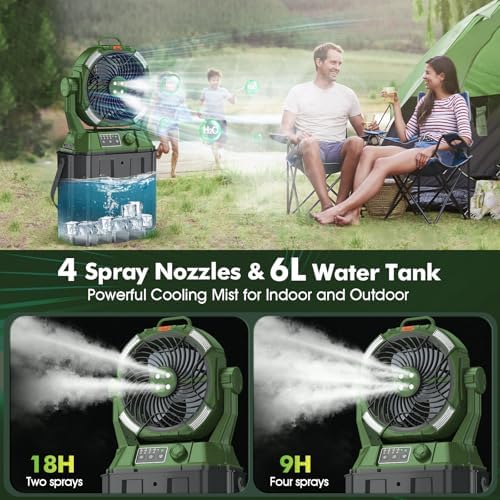 Misting Fan with Portable 6L Bucket for Outdoor Patios, 20000mAh Rechargeable Mister Fan for Camping with LED Light, 4 Spray Mister, Remote Controller Green