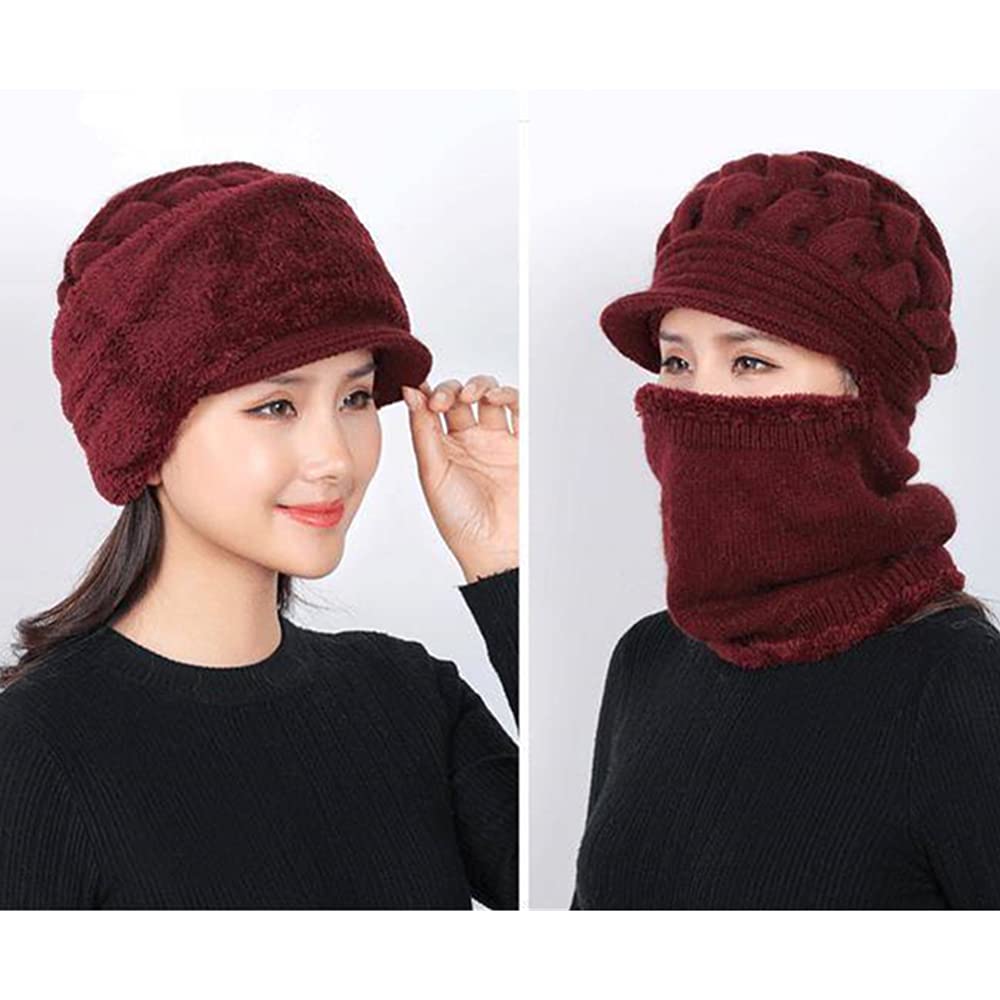 Womens Winter Warm Elastic Soft Ear Protection Knitted Scarf Mask hat Fleece Lined Beanie Hat one-Piece hat