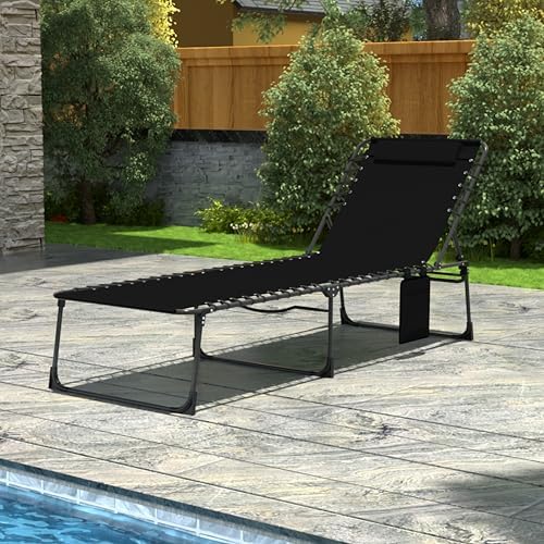 Foldable Chaise Lounge Chair with Detachable Pillow & Pocket, Outdoor Portable Tanning Chair with 4 Position Adjustable Back, Patio, Beach and Pool, Black