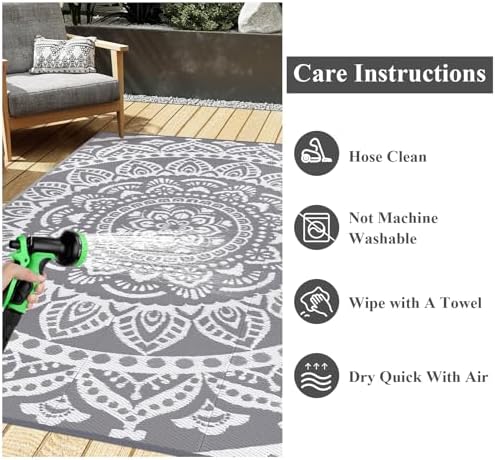 Bsmathom Waterproof Outdoor Rug 6'x9' Reversible Boho Plastic Straw Patio Deck Camping Rugs, Indoor Outdoor Portable RV Mat Clearance Carpet for Outside, Porch, Balcony, Backyard, Beach, Pool,Grey