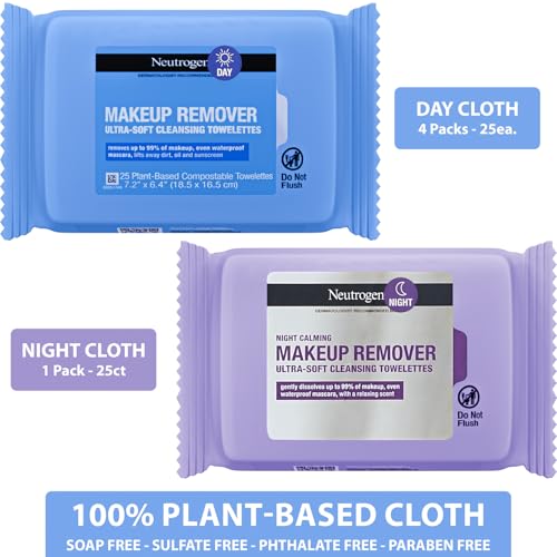 Makeup Remover Wipes, NeutrogeneDay & Night Calming Wipes Ultra-Soft Cleansing Facial Towelettes for Makeup, Alcohol-Free, Plant-Based, 125 Count (Pack of 5) With Travel Case, Great Gift Idea