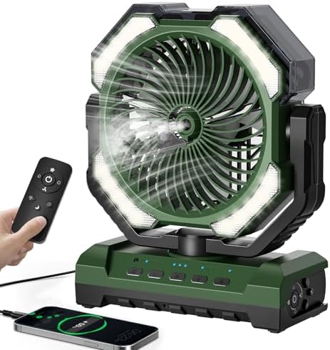 20000mAh Portable Misting Fan, USB Rechargeable Camping Fan with LED Light, Personal Battery Operated for Outdoor, Tents, Beach, Travel - 250mL Water Tank & Hook Included, Green.