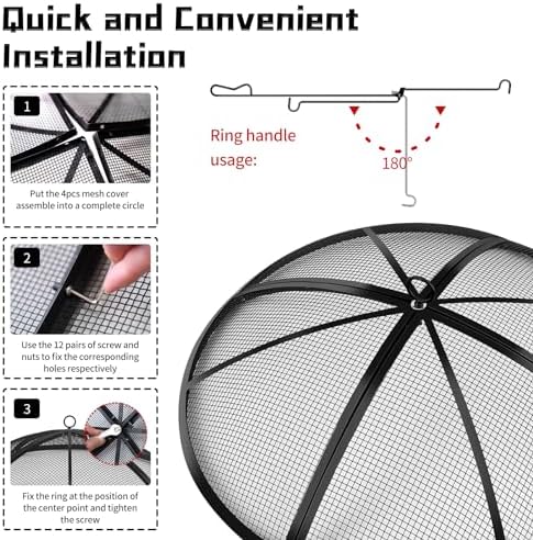 Fire Pit Spark Screen, Outdoor 36 Inch Round Fire Pit Screen with Foldable Hook and Marshmallow Sticks, Heavy Duty Steel Mesh Fire Pit Cover for Backyard, Beach, RV Camping