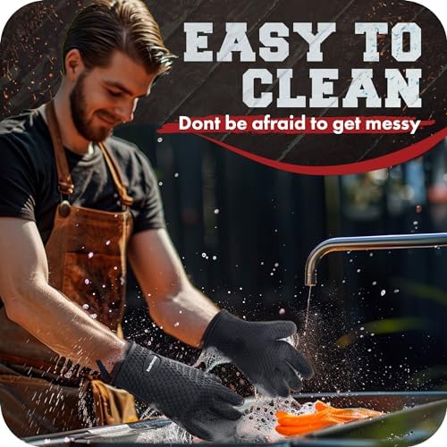 KITCHEN PERFECTION Silicone Smoker Oven Gloves-Extreme Heat Resistant BBQ Gloves-Handle Hot Food Right on Your Grill Fryer & Pit|Waterproof Grilling Cooking Baking Mitts|Superior Value Set +3 Bonuses