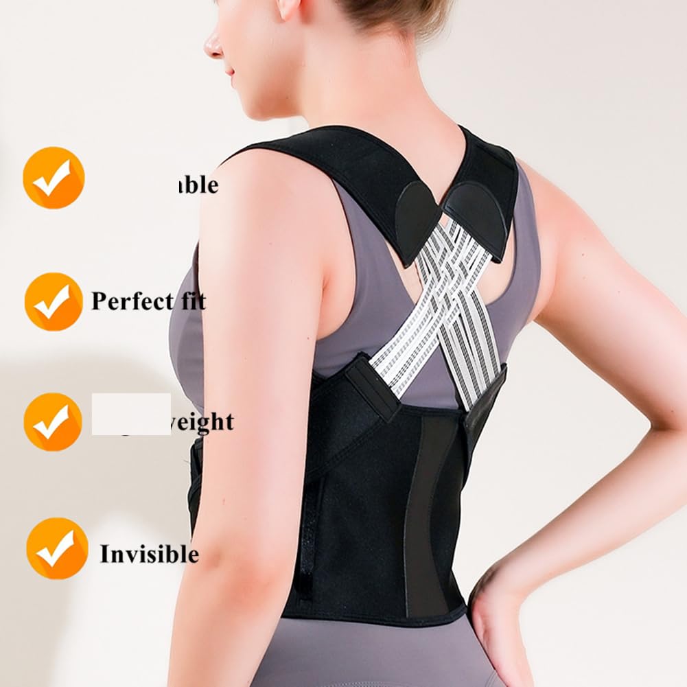 WEEOATAR Upper Back Brace Posture Corrector Posture Trainer, Breathable, Adjustable, Easy to Use with Magic Stickers, 4 Back Straps Back Straightener for Adults and Kids (Black, XXL)