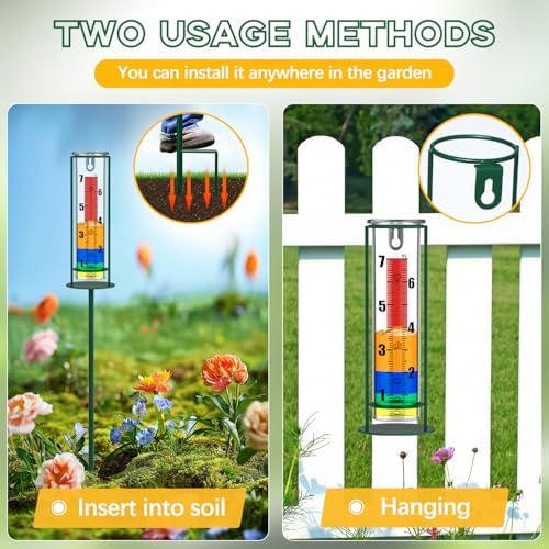 Rain Gauge Outdoor, 7" Capacity Rain Gauge with Metal Stake, Glass Rain Gauge Outdoors Best Rated Decorative for Yard, Garden, Deck, Lawn, Landscape(Colorful)