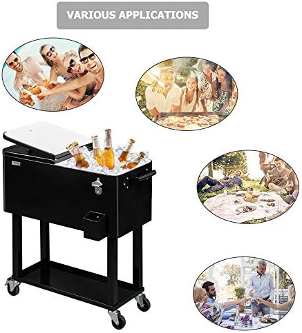 VINGLI 80 Quart Rolling Ice Chest, Portable Patio Party Bar Drink Cooler Cart, with Shelf, Beverage Pool with Bottle Opener
