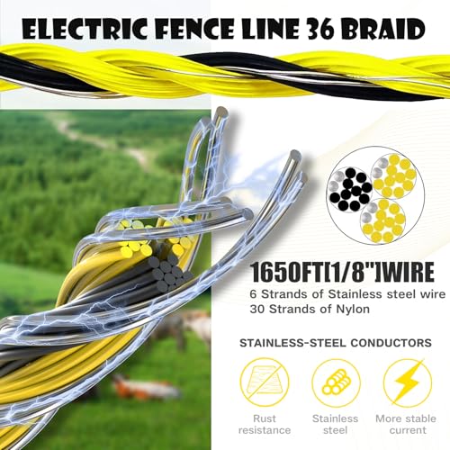 BESTEEL Upgraded Electric Fence Poly Wire 1650 Feet 500 Meters, 1/8" Diameter Portable Electric Fencing Polywires, 6 Stainless Steel Strands for Reliable Conductivity and Rust Resistance UV Resistant