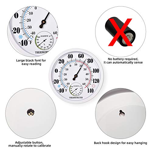Indoor Outdoor Thermometer Large Waterproof Wall Patio Weather Thermometer No Battery Required Hanging Decor (White)