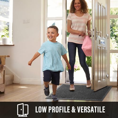 Sturdy Front Door Mat, Absorbent Muddy Dirt Resist Welcome Door Mats Outdoor Indoor, Stain and Fade Resistant, Non-Slip Backing Entry Mat Low Profile Doormat for Entryway, 36×24, Grey