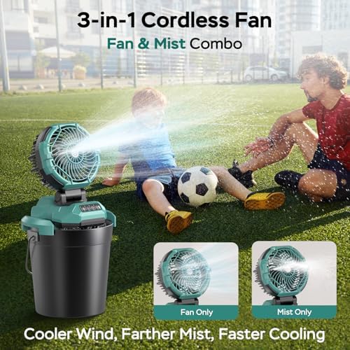 Portable Misting Fan for Outdoors Patios - 30000mAh Rechargeable Battery Powered Camping Fan, 4 Spray Mister with Timer, Fits 10-13" Bucket, 4 Speed, 90° Auto Oscillation for Garden Sports Travel Golf