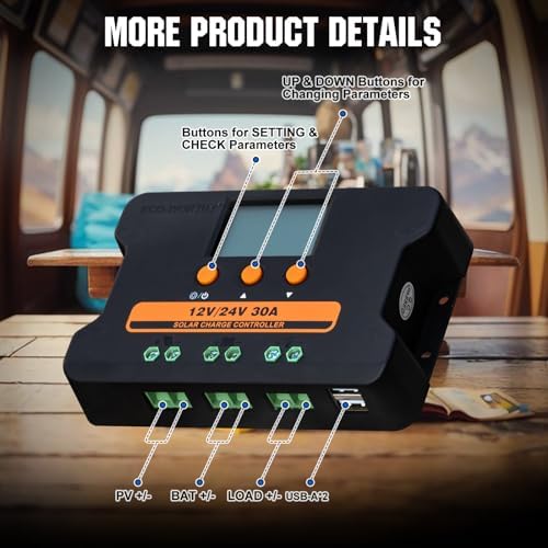 ECO-WORTHY Solar Charge Controller 30A Solar Panel Custom Battery Regulator, Dual USB Port Auto 12V/24V PWM for FLD/LiFePO4/SLD/GEL RV Solar System