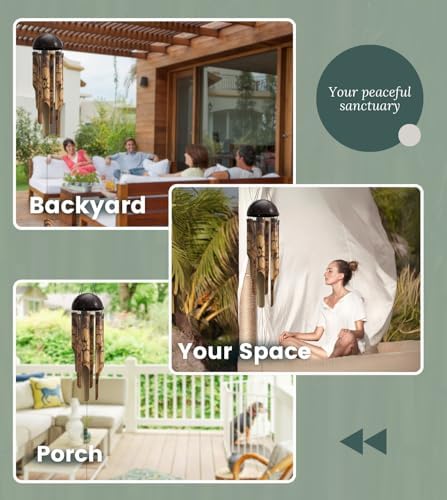 Rustic Bamboo Wind Chimes - Outside Outdoor Wooden Windchimes, Small, Floral Burned Design with Coconut Crown, Handcrafted with Calming Deep Tones, Home Decor Ideal Gift for Him & Her
