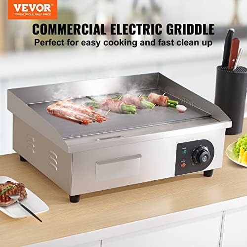 VEVOR Commercial Electric Griddle, 22", 1600W Countertop Flat Top Griddle, Stainless Steel Teppanyaki Grill w/Iron Cooking Plate, 122-572℉ Adjustable Temp Control 2 Shovels & Brushes, 110V