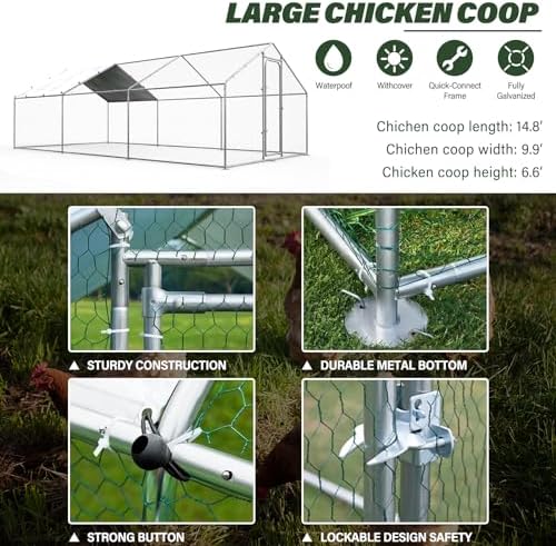 Chicken Coop Large Metal Chicken Run Walk-in Poultry Cage Heavy Duty Chicken Hen House for Yard with Waterproof and Anti-UV Cover for Outdoor Farm Use