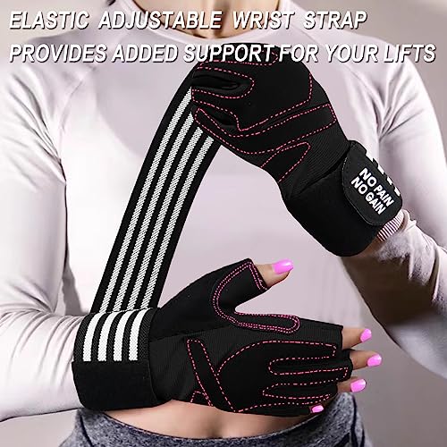 Weight Lifting Gloves for Women Gym Workout with Wrist Support,Padded Half Finger Gloves for Fitness Exercise (Black-Pink, X-Small)