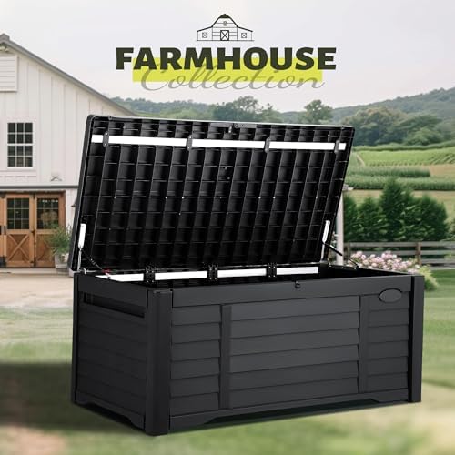 YITAHOME 120 Gallon Large Outdoor Storage Deck Box, Waterproof Cushion Storage Bench with Lockable Lid for Patio, Pool Supplies, Garden Tools, Resin, Black