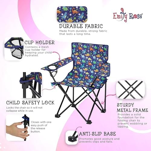 Emily Rose Kids Folding Beach Camping Chair Chair with Safety Lock, Cup Holder & Carry Case - Boys Girls Small Toddler Tailgate, Travel, Lawn Chair for Indoor & Outdoor (Playful Dinosaurs)