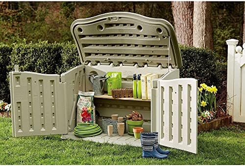 Rubbermaid Small Horizontal Resin Outdoor Storage Shed With Floor (4.5 x 3 Ft) Weather Resistant, Beige/Brown, Organization for Home/Backyard/Pool Chemicals/Toys/Garden Tools/Porch/Patio Cushions