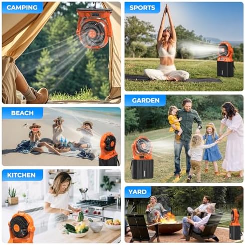 20000mAh Misting Fan with 6L Bucket & 4 Spray Misters, Waterproof Outdoor Cooling Fan for Camping/Patios - Remote Control, 4 LED Light, Stepless Speed & 56H Runtime, Rechargeable Battery, Hanging Hook
