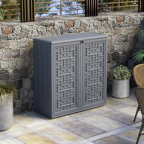 Indoor Outdoor Storage Cabinet Waterproof with Shelf,Plastic Storage Sheds Outdoor Cabinets for Patio/Garden/Backyard, Size 34.3''L*15''W*36.2''H(Gray)