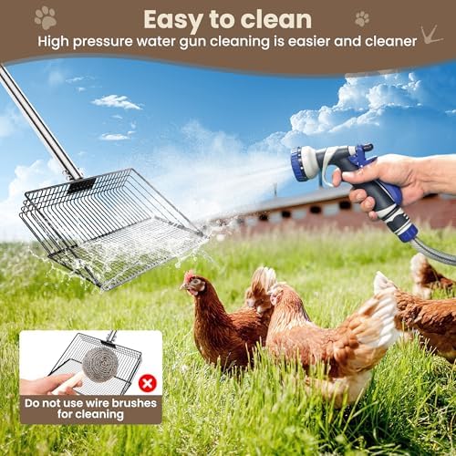 10inch Chicken Poop Scooper, 37 to 63 inch Long Chicken Coop Rake, Heavy Duty Stainless Steel Chicken Coop Scoop for Sand Sifter Shovel, Chicken Coop Cleaning Tools Accessories