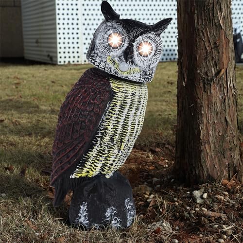 Hausse Solar Fake Owl Decoy Scare Birds Away, Solar Powered Motion Activated Scarecrow Deterrent Owl with Glowing Eyes, Scary Sound & Rotate Head, Nature Enemy Bird Repellent for Outdoor Garden Yard