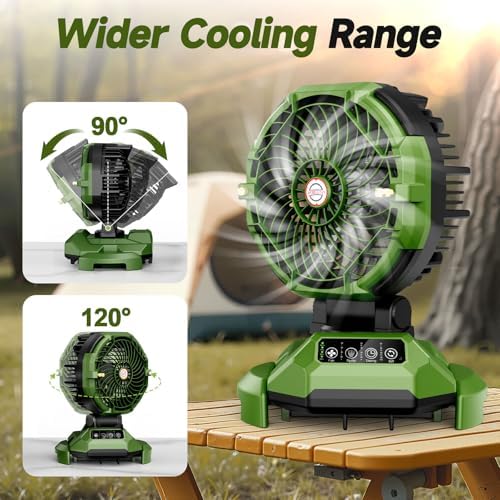 Lacoco Portable Misting Fan with 150 ° rotation, 30000mAh Rechargeable Battery Operated Fans, Outdoor Cooling Fan for Patio, BBQ, Worksite, Adjustable Base for 10-13in Bucket(No Bucket Included)